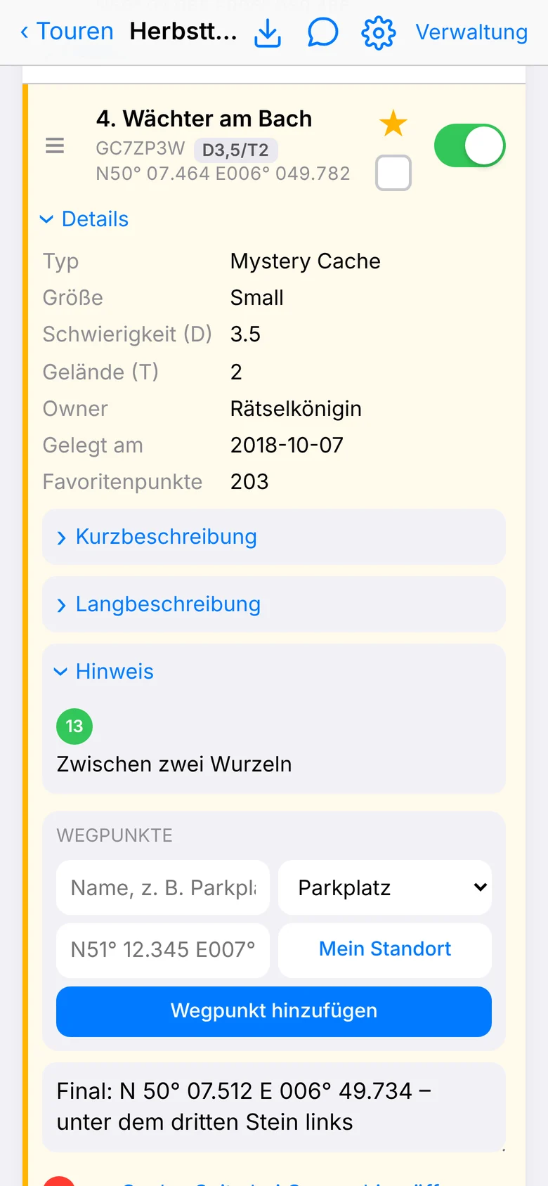 Details eines Mystery-Caches mit entschlüsseltem Hinweis, Wegpunkten und einer Notiz mit den Final-Koordinaten