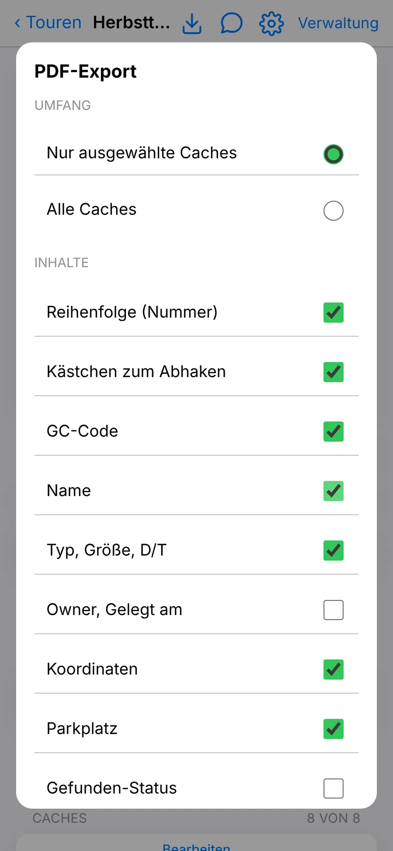 Auswahl der Inhalte für den PDF-Export einer Route