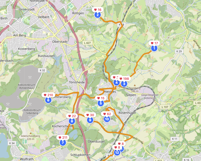 Illustration einer Karte mit Treffpunkt und acht nummerierten Caches entlang einer Route